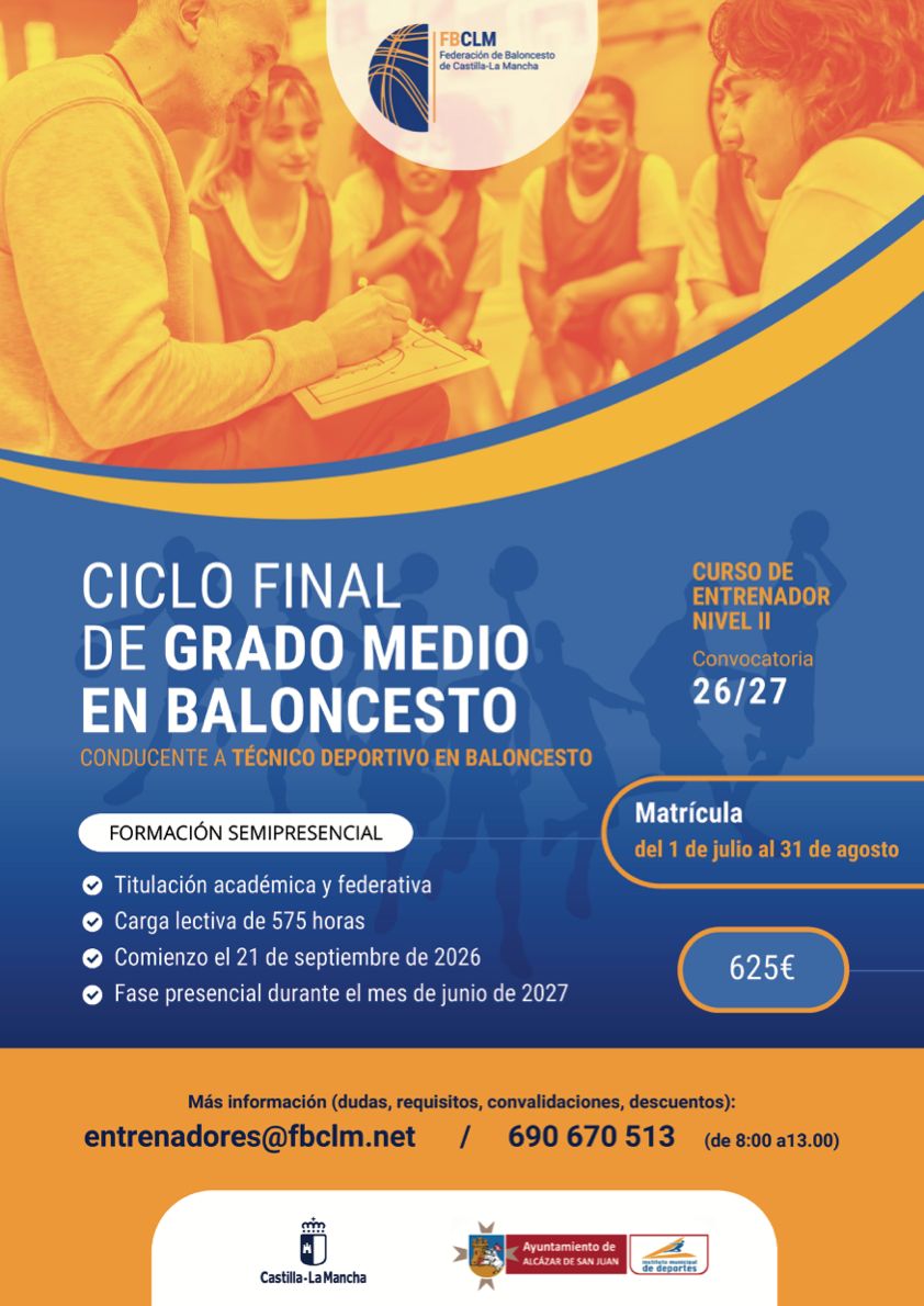 Cartel informativo del curso oficial de entrenador de baloncesto Nivel II de la FBCLM para 2026-2027