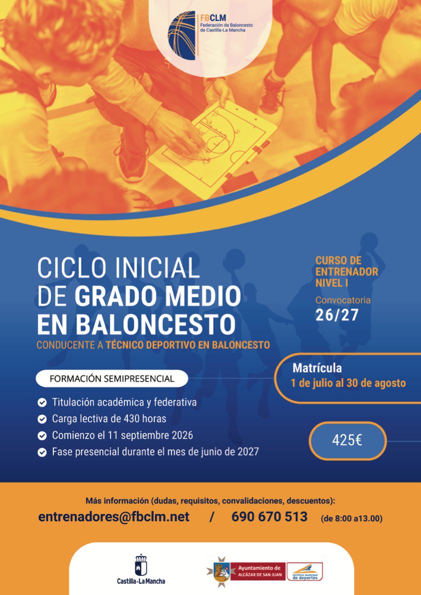 Cartel informativo del curso oficial de entrenador de baloncesto nivel I de la FBCLM para 2026-27