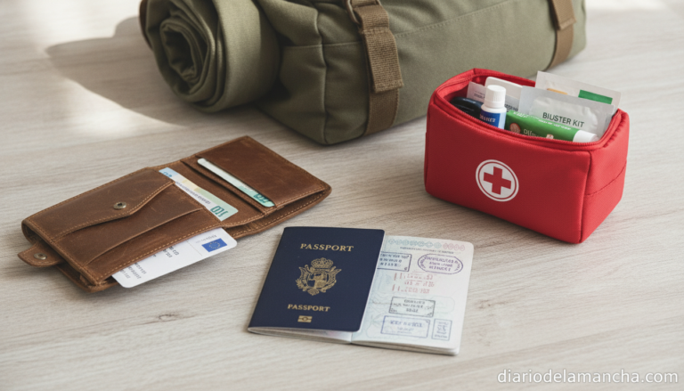 Accesorios esenciales de viaje: pasaporte, cartera de viaje y kit de primeros auxilios sobre mesa de madera