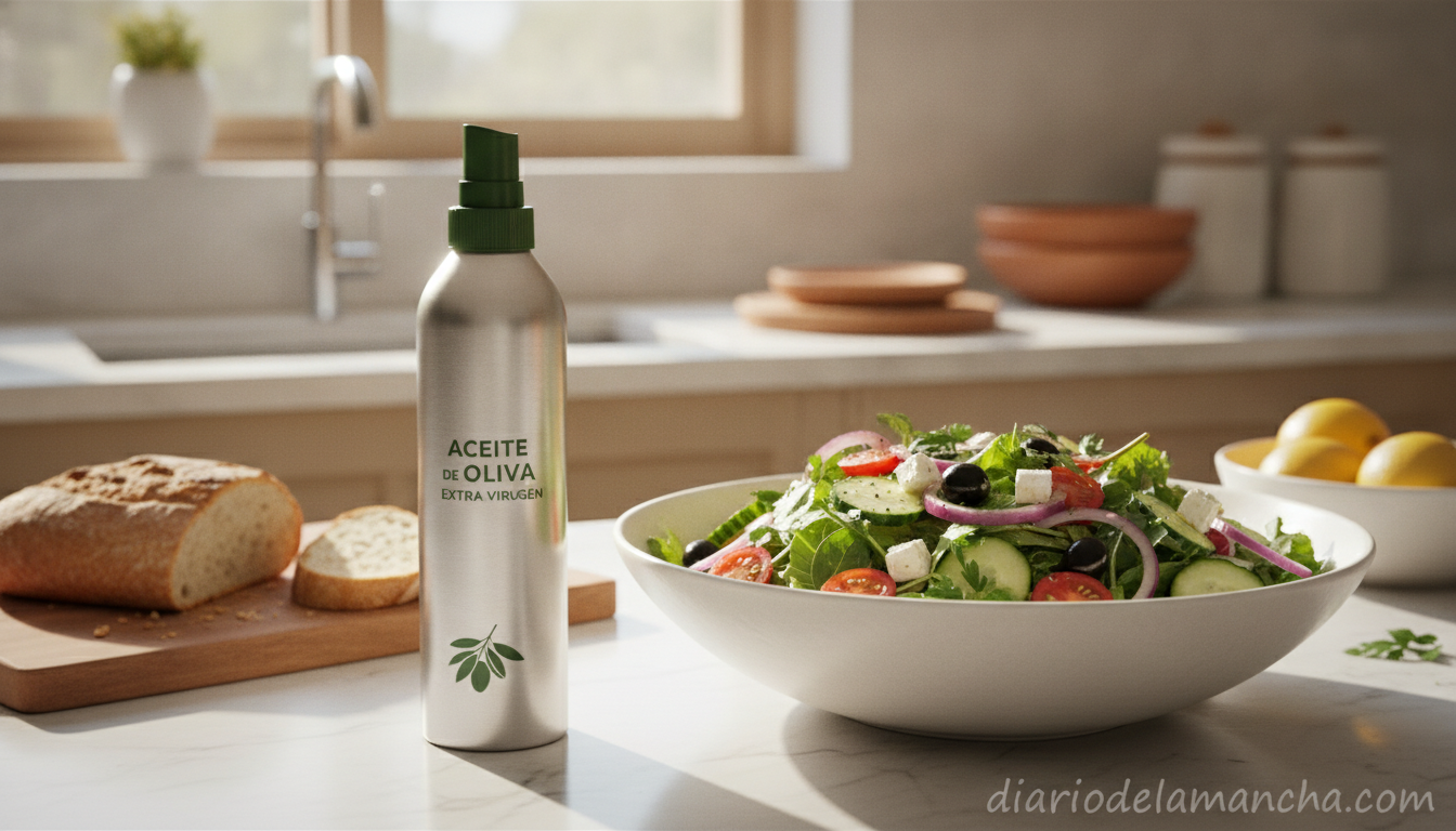 Aceitera en spray junto a ensalada en cocina mediterránea