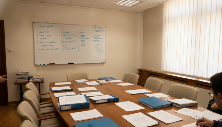 Sala de reuniones con mesa alargada, documentos oficiales y carpetas, pizarra con notas, ambiente administrativo educativo...