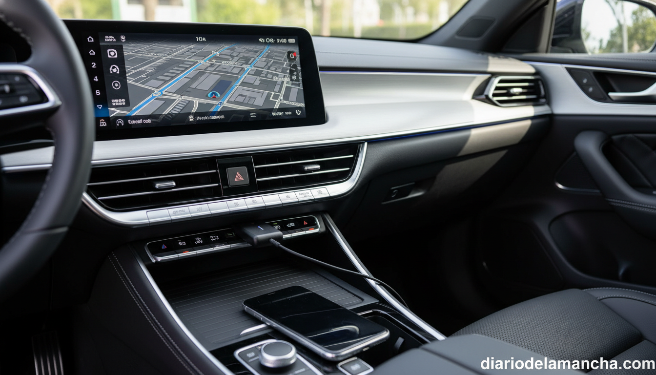 Adaptador CarPlay inalámbrico conectado en salpicadero de coche moderno con navegación en pantalla