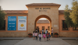 Familias llegando a colegio de educación primaria en Castilla-La Mancha en día de matrícula escolar, carteles informativos...