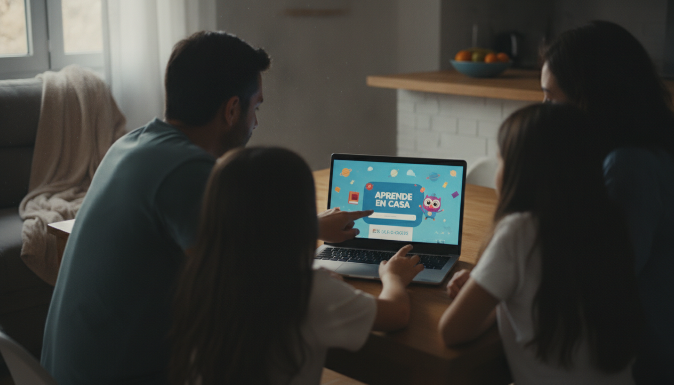 Familia mirando un ordenador portátil con la pantalla mostrando un portal educativo, en casa, ambiente tranquilo, sin rost...