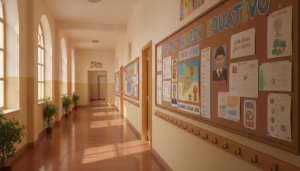 Spanish primary school corridor with bulletin boards showing educational documents and calendars, warm natural light, no p...