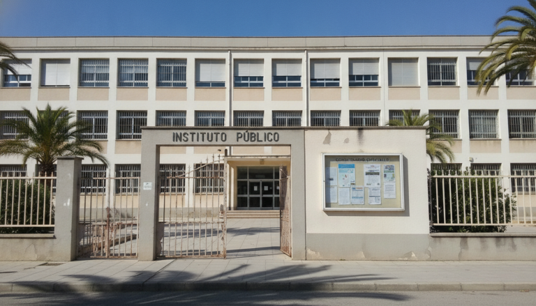 Secondary school building exterior with institutional architecture, entrance gate, educational facility, Spain public scho...