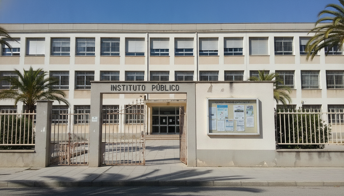 Secondary school building exterior with institutional architecture, entrance gate, educational facility, Spain public scho...