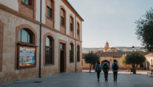 Edificio de instituto de educación secundaria en una ciudad de Castilla-La Mancha, exterior con cartelera de novedades, am...