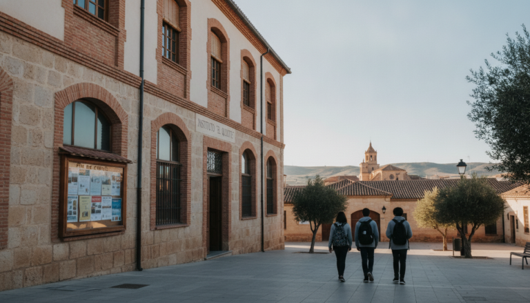 Edificio de instituto de educación secundaria en una ciudad de Castilla-La Mancha, exterior con cartelera de novedades, am...