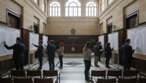 Sala de actos de una delegación provincial de educación en España. Funcionarios docentes revisando listados oficiales en t...