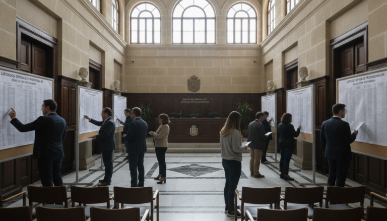 Sala de actos de una delegación provincial de educación en España. Funcionarios docentes revisando listados oficiales en t...