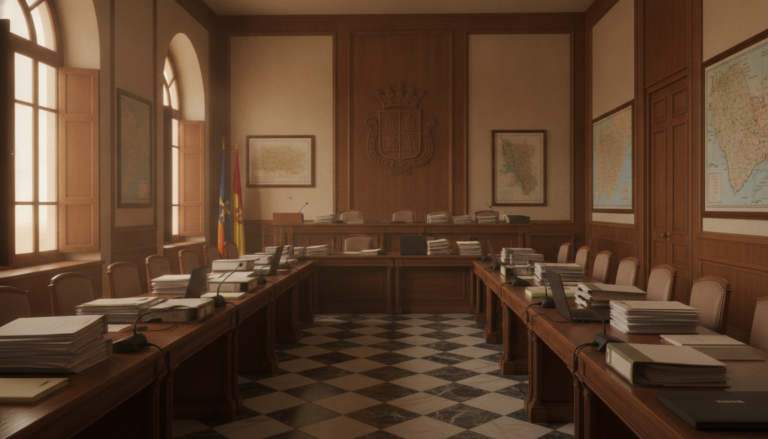 Salón de actos institucional en una delegación de educación en Toledo, mesas con documentación administrativa, ambiente pr...
