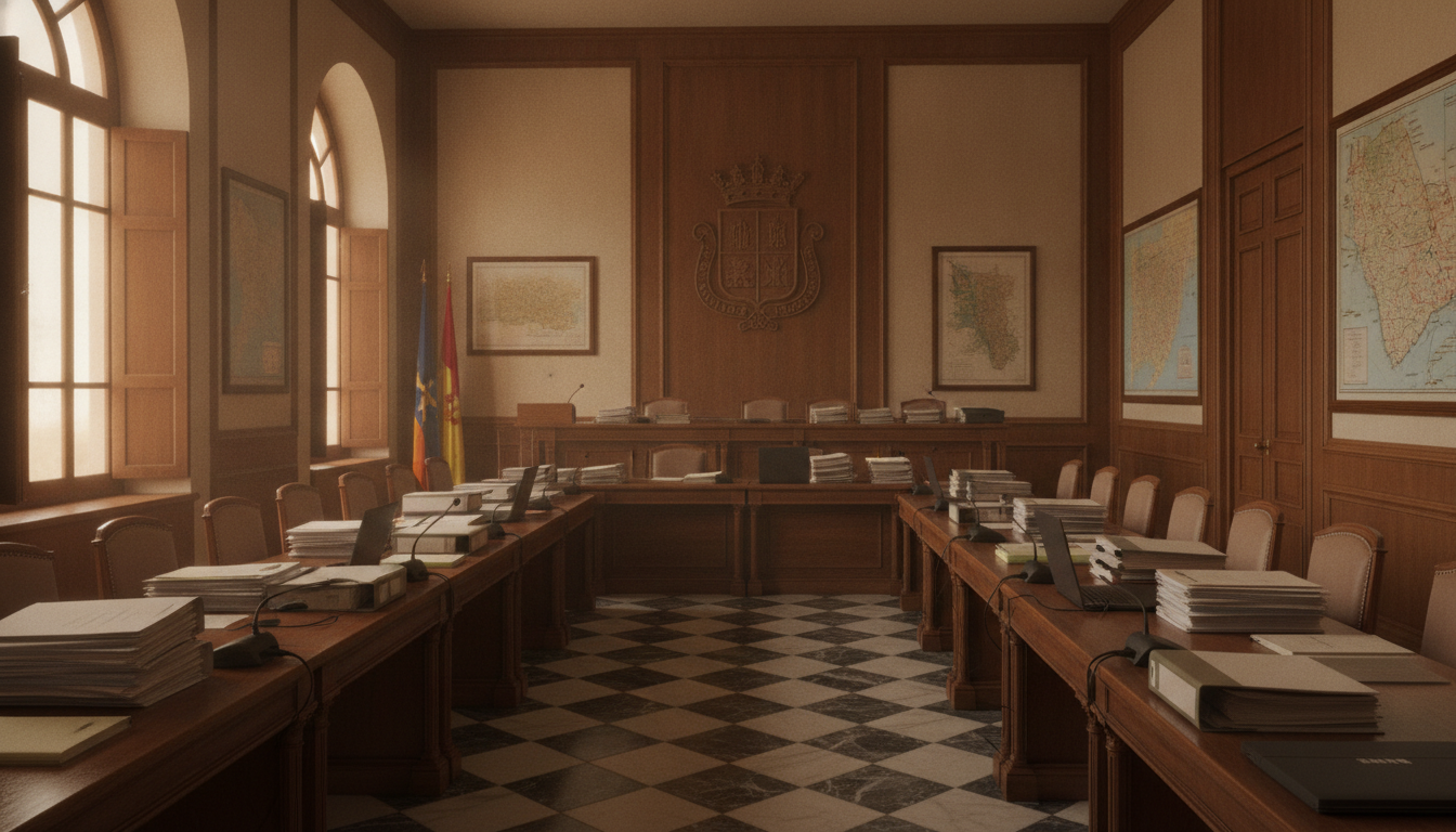 Salón de actos institucional en una delegación de educación en Toledo, mesas con documentación administrativa, ambiente pr...