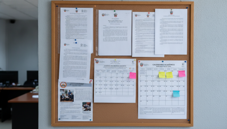 Tablero de anuncios institucional en una delegación de educación con documentos oficiales y calendarios administrativos, a...