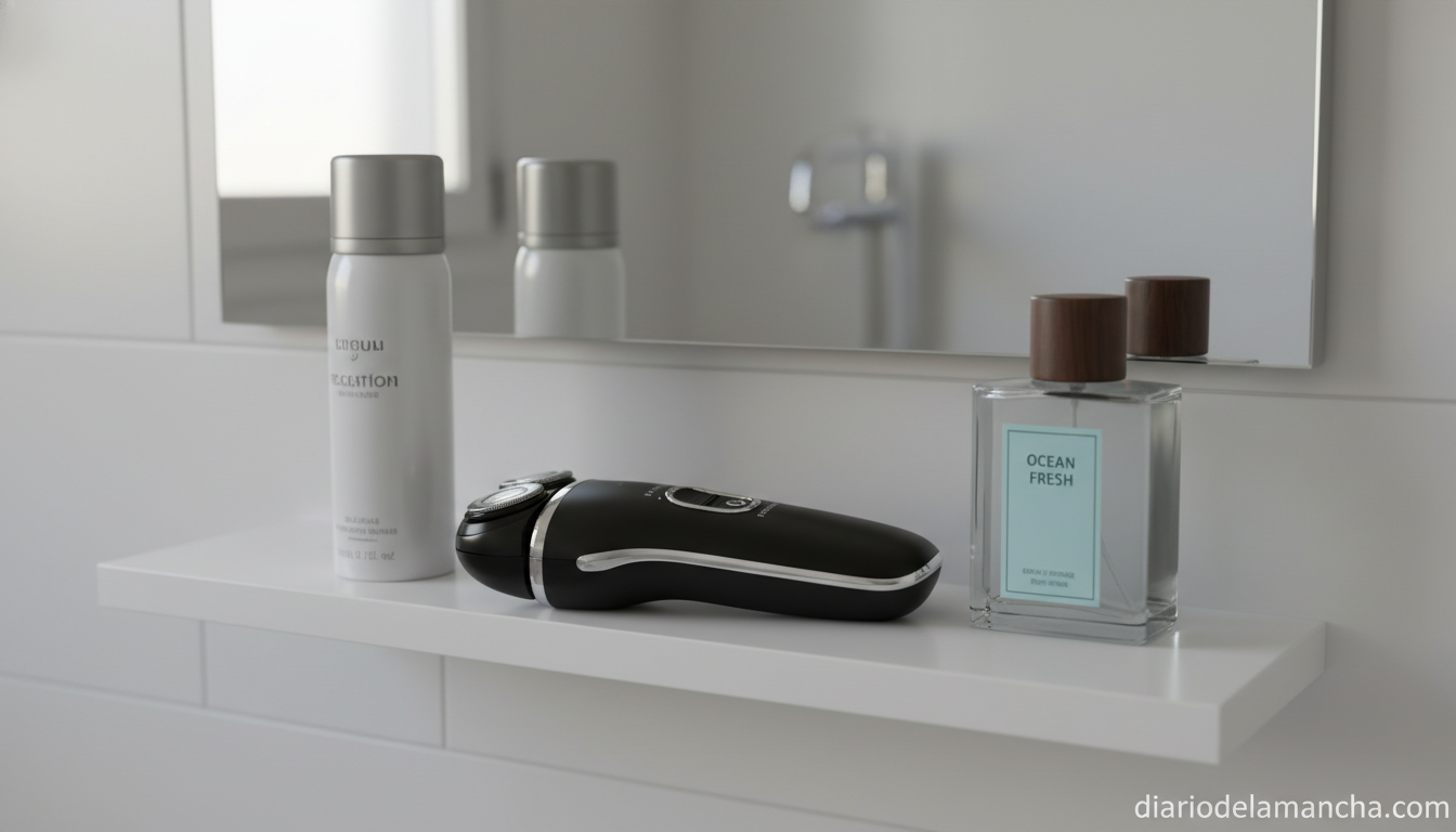 Afeitadora eléctrica con accesorios de afeitado en estante de baño, cuidado personal masculino