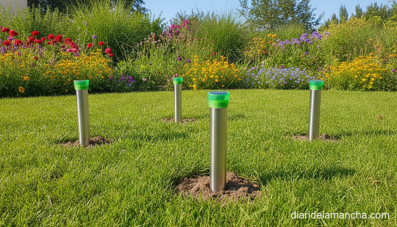 Descubre el ahuyentador solar definitivo para proteger tu jardín 1 Ahuyentador solar de topos instalado en césped de jardín verde