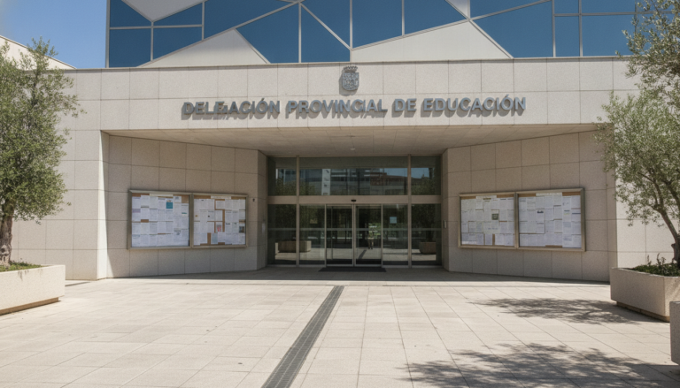Delegación provincial de educación en una ciudad española, edificio administrativo moderno, entrada principal, tablones de...