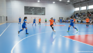 Women's indoor futsal match in an indoor sports arena, two female teams competing on a futsal court, dynamic action shot, ...