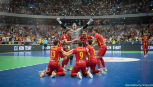 Indoor futsal final match celebration scene in a Spanish sports arena, players in sports kit celebrating a penalty shootou...