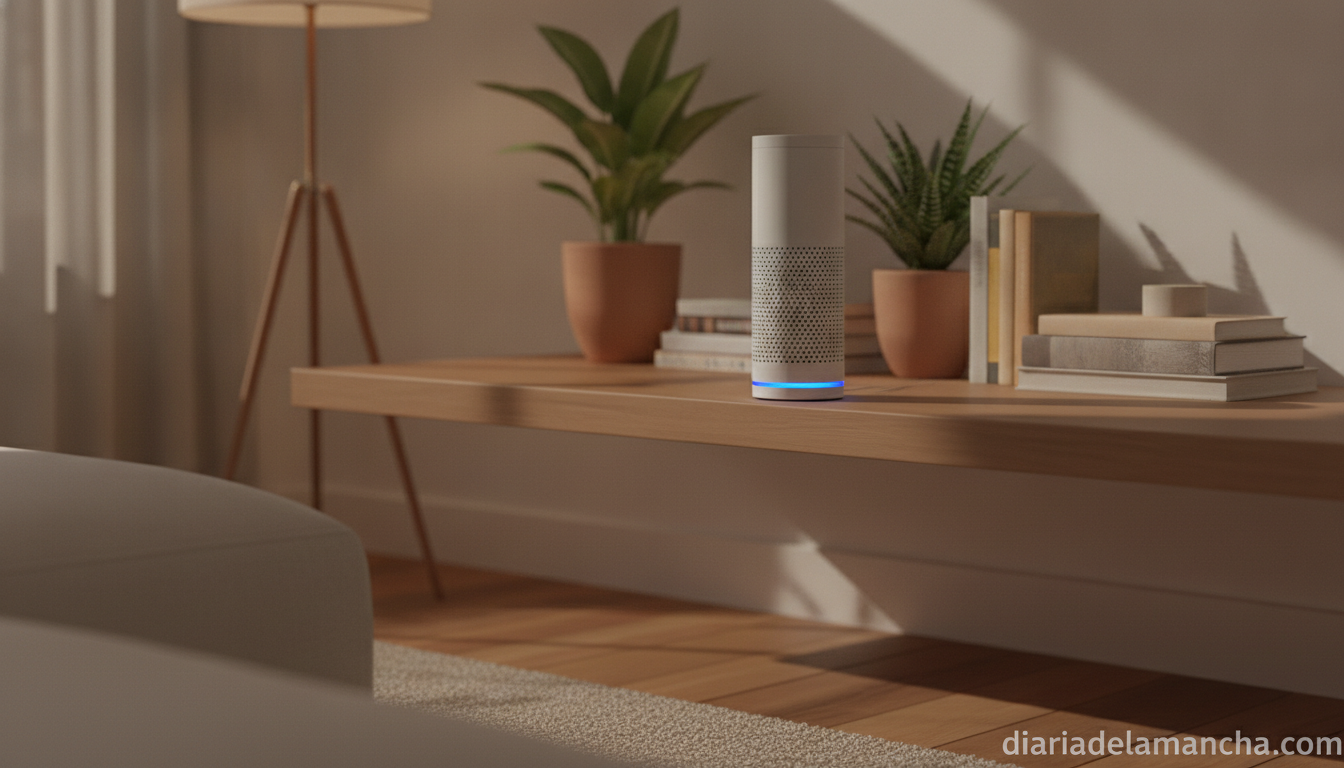 Altavoz inteligente Amazon Echo Dot Max en salón moderno con anillo azul