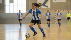 A young female futsal player in action on an indoor sports court in Spain, dribbling a futsal ball with speed and determin...