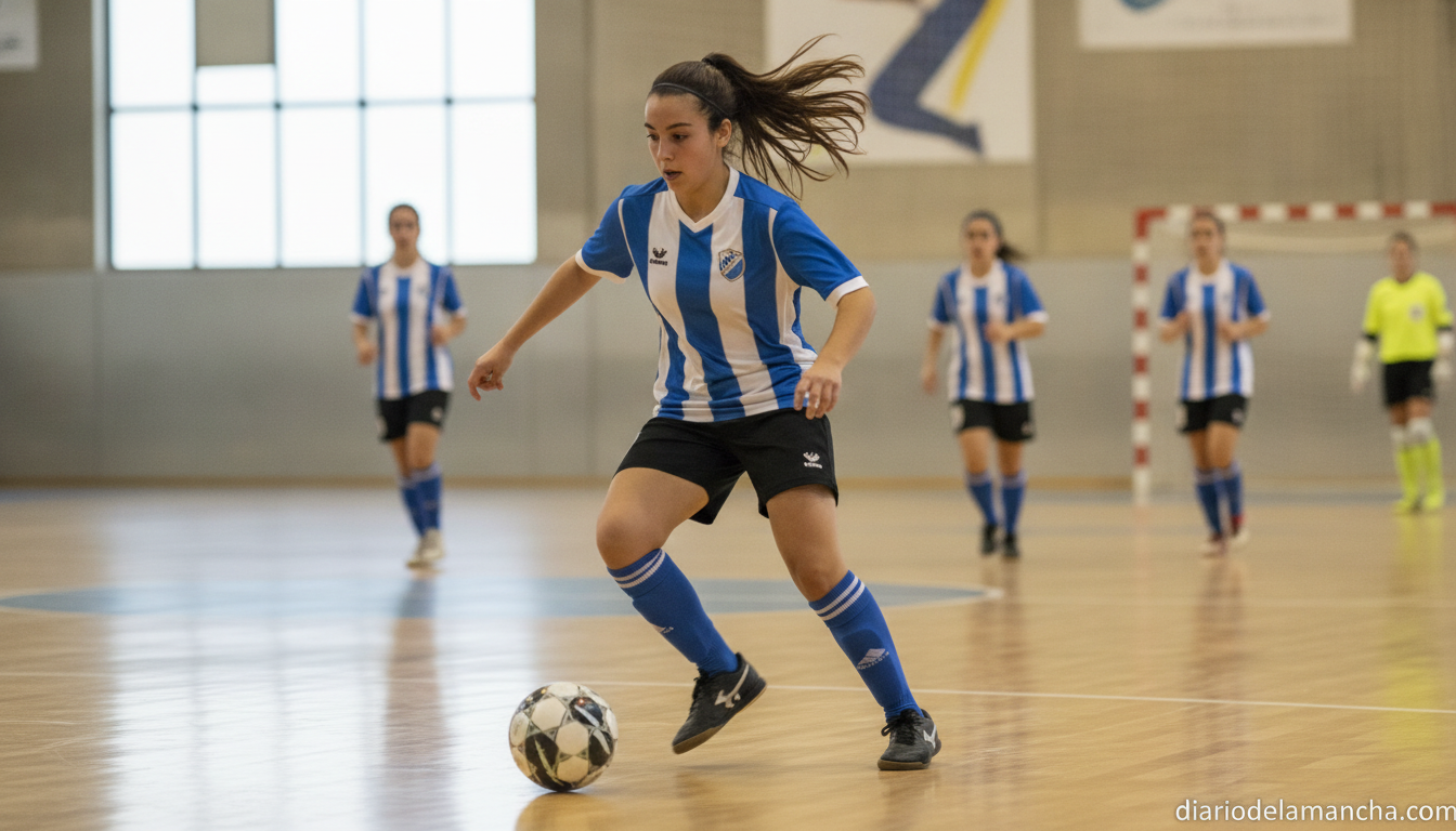 A young female futsal player in action on an indoor sports court in Spain, dribbling a futsal ball with speed and determin...
