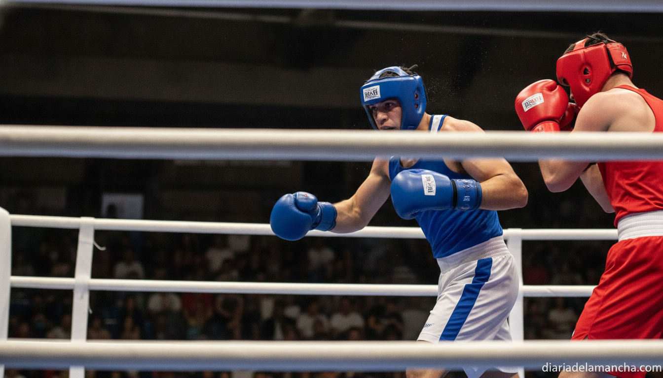 A male amateur boxer in action during a boxing match, throwing a precise combination punch at his opponent in a boxing rin...