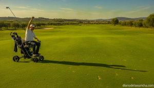 Adaptive golf player in a golf cart on a green fairway in central Spain, sunny day, realistic photography style, no identi...