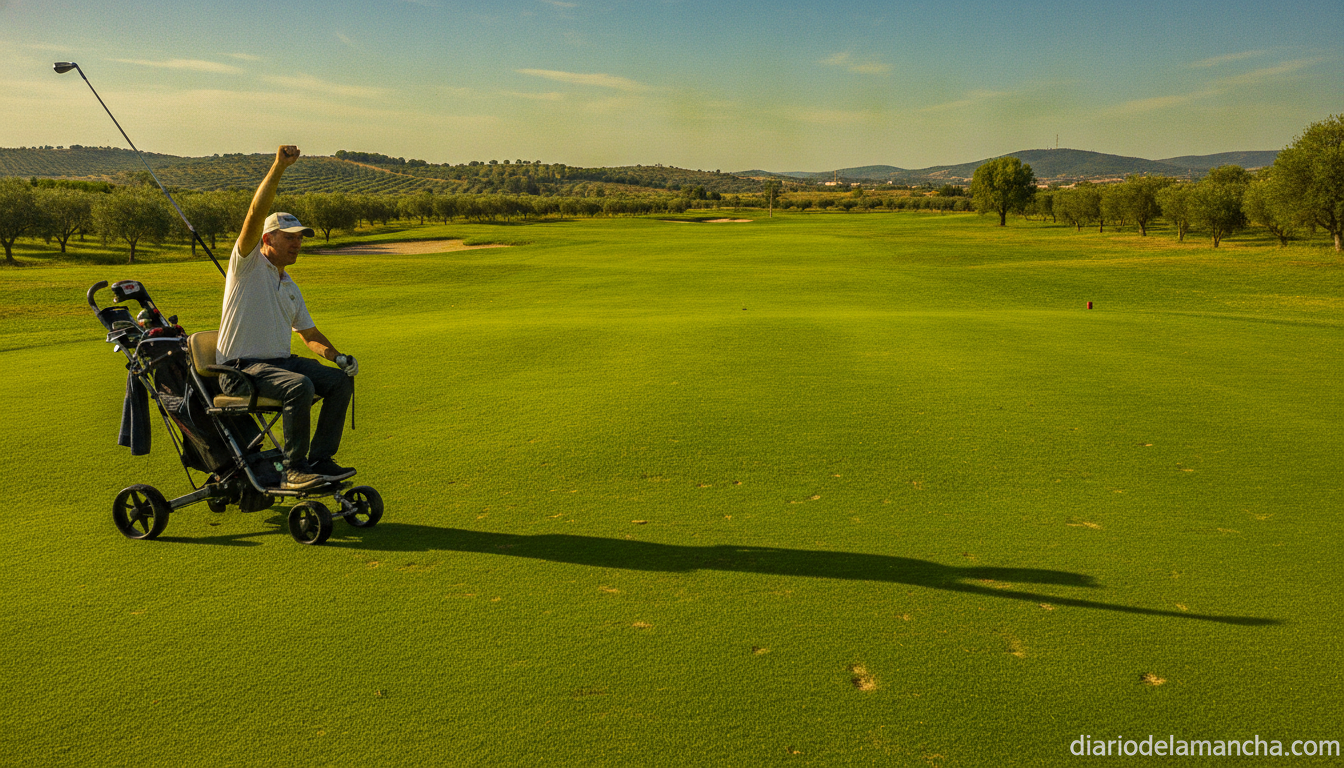 Adaptive golf player in a golf cart on a green fairway in central Spain, sunny day, realistic photography style, no identi...