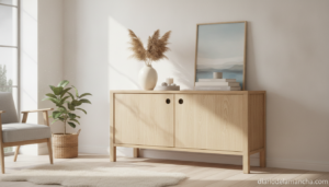Aparador estilo escandinavo de madera en salón luminoso con decoración minimalista