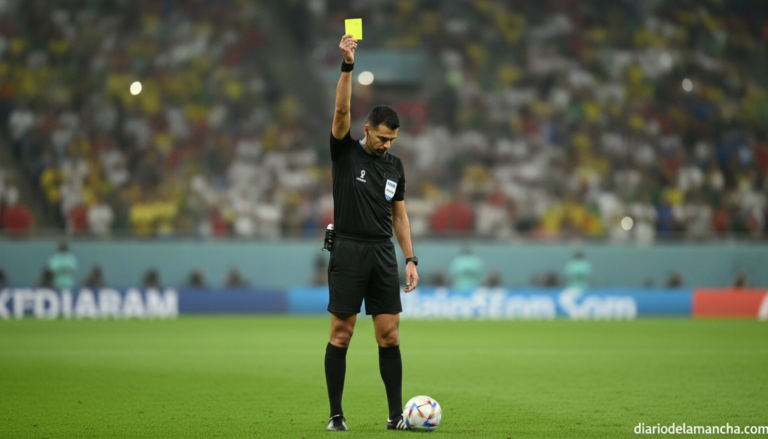 A football referee in black uniform with yellow card raised high, standing on a grass pitch during a major international m...
