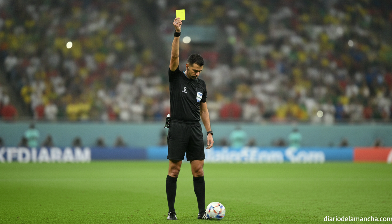 A football referee in black uniform with yellow card raised high, standing on a grass pitch during a major international m...