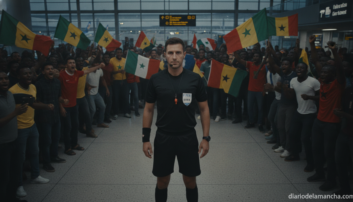 Soccer referee in official black uniform standing in an international airport terminal, looking determined and composed, l...