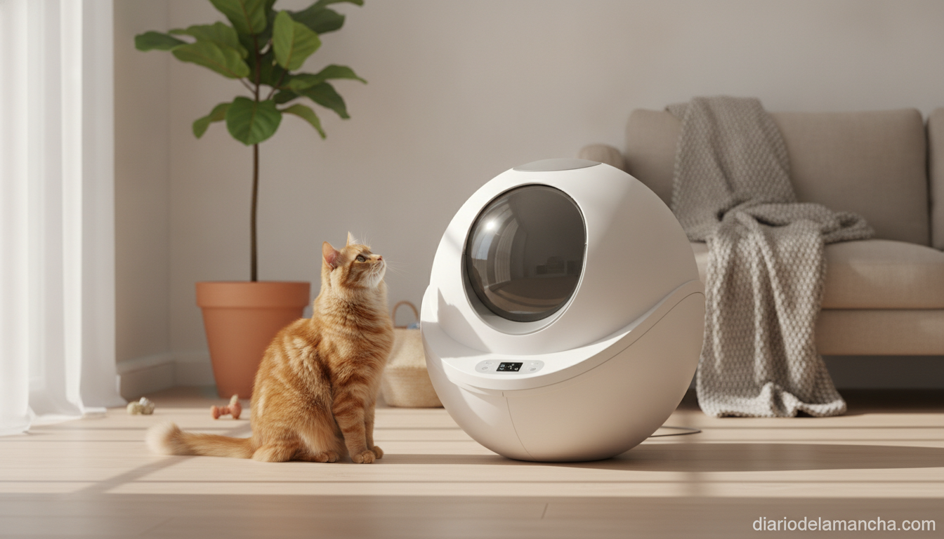 Guía 2026: Los 7 mejores areneros automáticos para gatos 1 Arenero autolimpiable automático para gatos en hogar moderno con gato al lado