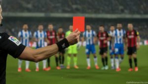 Football referee showing red card on pitch during international match, close-up of referee's hand with card, players argui...