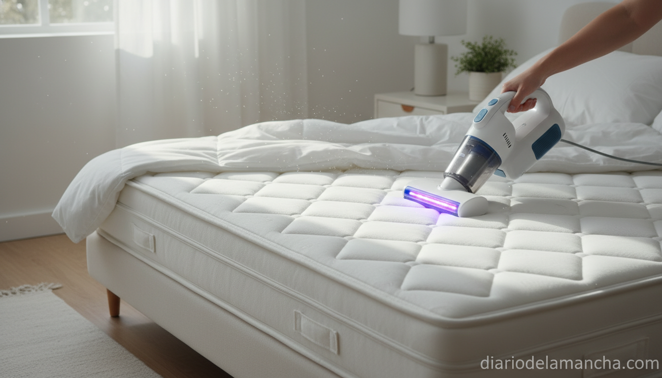 Probando los mejores aspiradores de colchones contra polvo y ácaros: una comparativa detallada 1 Aspirador de colchón con luz UV limpiando un colchón blanco en dormitorio