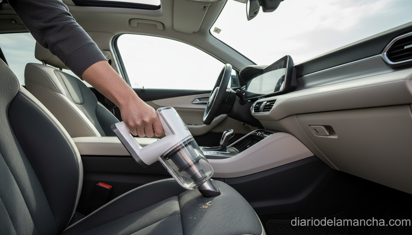 Aspiradora de mano limpiando interior de coche, guía mejores modelos 2026