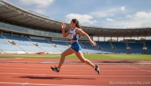 Young teenage female sprinter running at full speed on a athletics track, race number on her vest, dynamic action photogra...