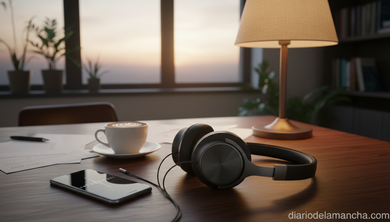 Auriculares inalámbricos premium con cancelación de ruido sobre mesa de trabajo, música y productividad