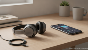 Auriculares inalámbricos plegables en escritorio de madera junto a smartphone con app de música