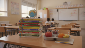 Libros de texto escolares apilados sobre una mesa de madera en un aula de primaria, junto a una bandeja de comedor escolar...