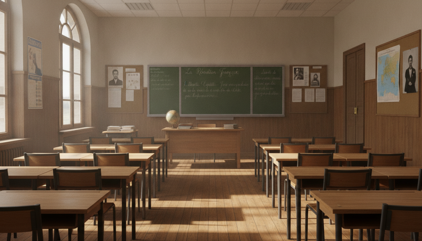 Aula de bachillerato con mesas y sillas ordenadas, pizarra al fondo con texto en francés, ambiente académico, sin alumnos,...