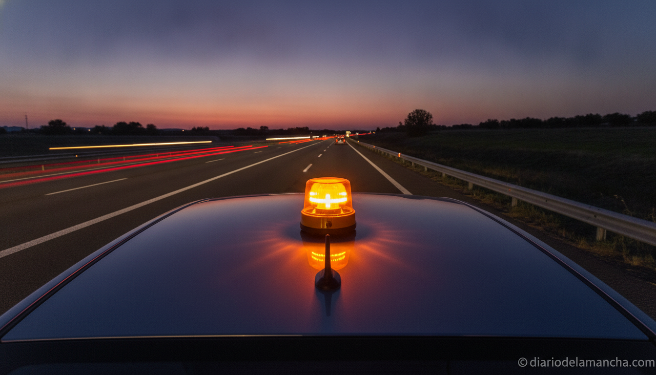 Baliza V16 LED naranja sobre coche parado en arcen de autovía