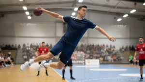 A male handball player in a powerful left-hand shooting position, arm fully extended, photographed inside a sports hall du...