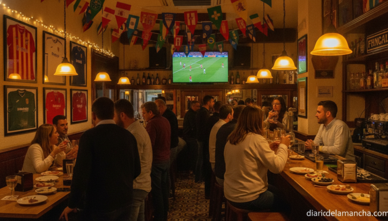 A lively Spanish bar interior decorated with colorful flags from multiple countries hanging from the ceiling, football jer...