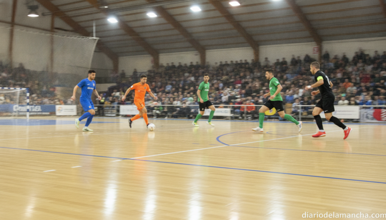 Indoor futsal match scene with players competing on a polished floor court, stadium lights, crowd in the background, actio...