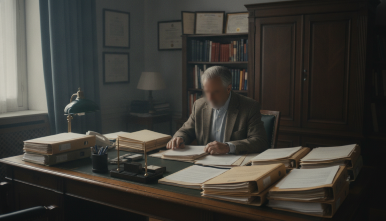 Profesor revisando documentos oficiales en un escritorio de oficina administrativa, papeles y carpetas ordenadas, ambiente...