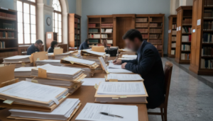 Opositor revisando documentos oficiales en una mesa, carpetas con papeles, bolígrafo, ambiente de oficina o biblioteca púb...