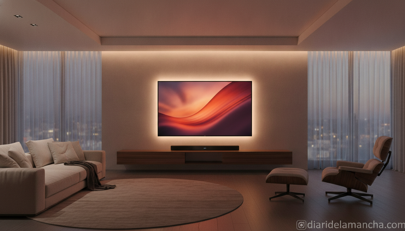Barra de sonido LG bajo un televisor en salón moderno