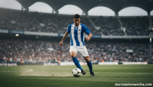 A football midfielder in action during a semifinal match, controlling the ball in a stadium with a crowd in the background...